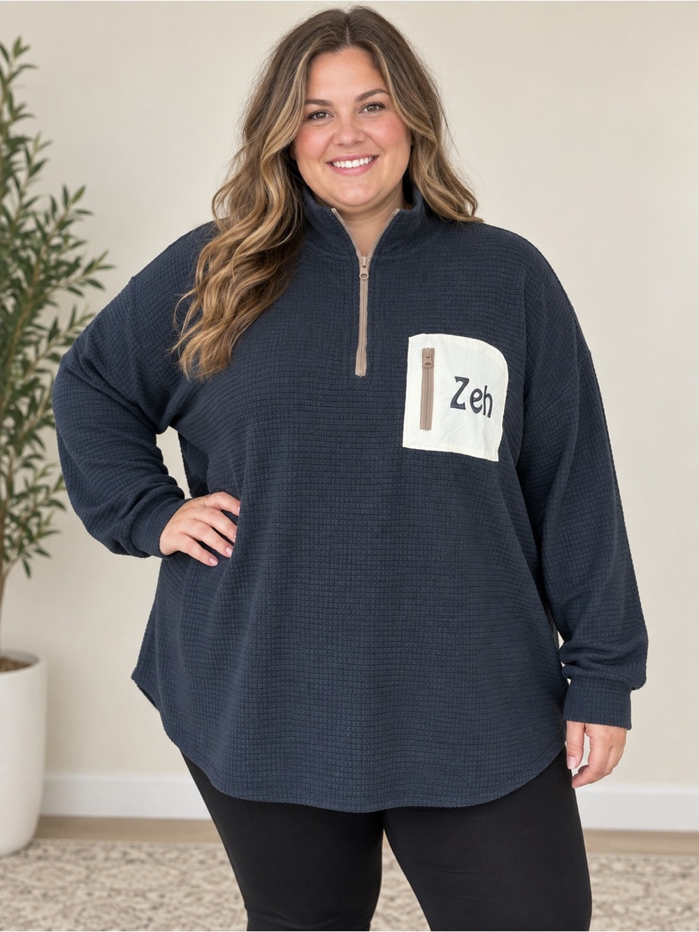 Zen Waffle-Knit Half-Zip Pullover - Black
